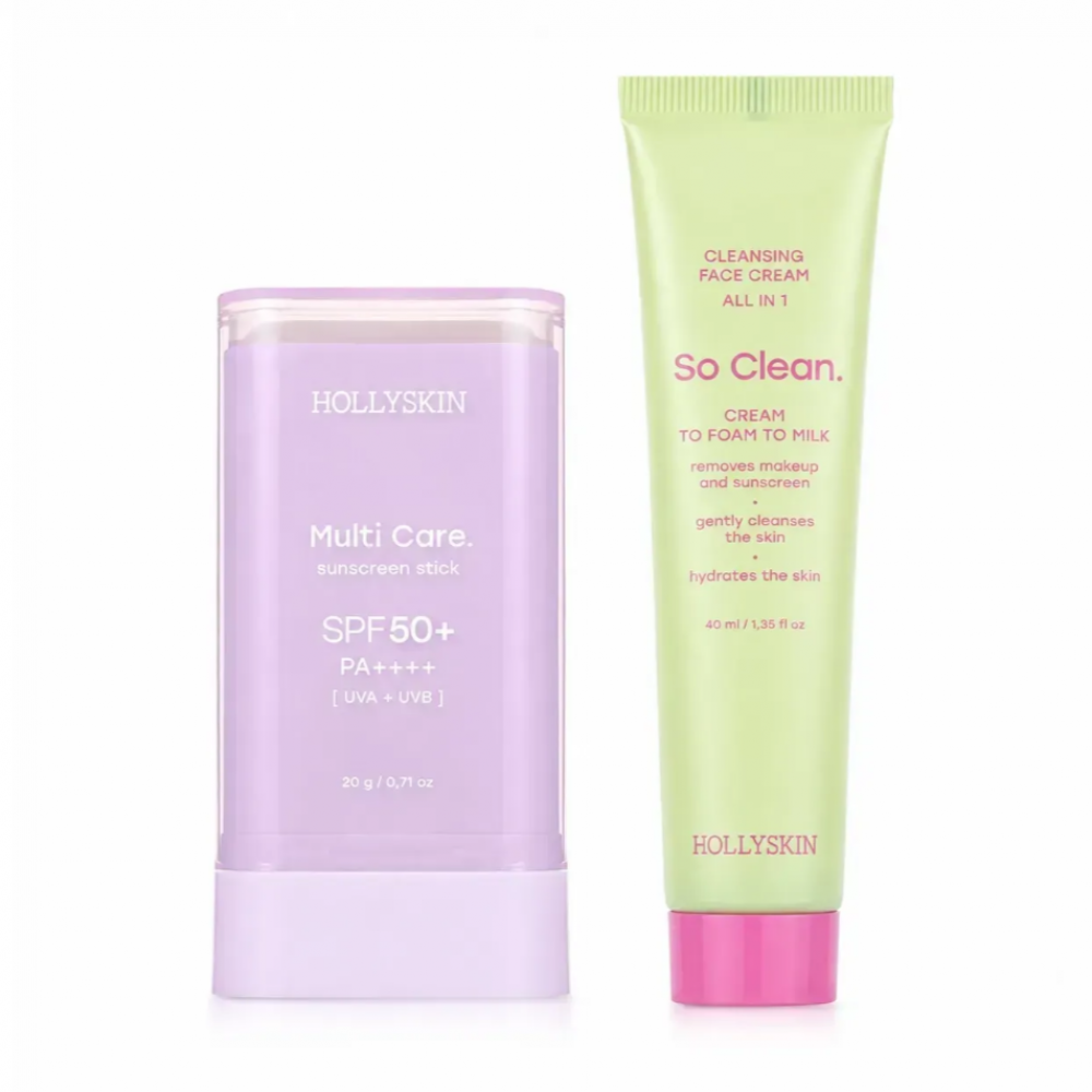 СЕТ: Сонцезахисний стік для обличчя Hollyskin Multi Care. SPF 50+ 20г+Крем для щоденного очищення шкіри обличчя Hollyskin So Clean. з екстрактом камелії і рисом 